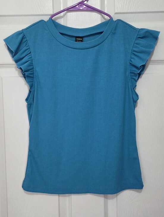 SHEIN Tops - Women Aqua Blue Ribbed Crewneck Ruffle Sleeve Top Size Medium Summer Spring